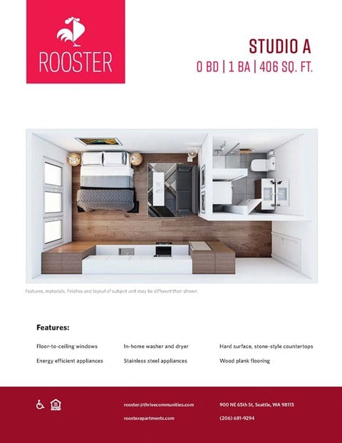Floor plan for studio, 1 bath, 406 sqft